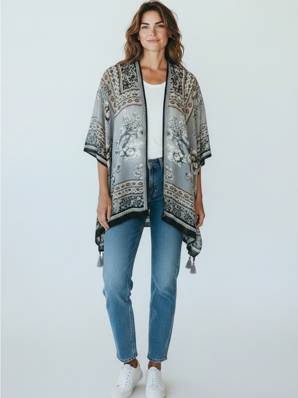 Vince Camuto Gray and Black Floral Kimono